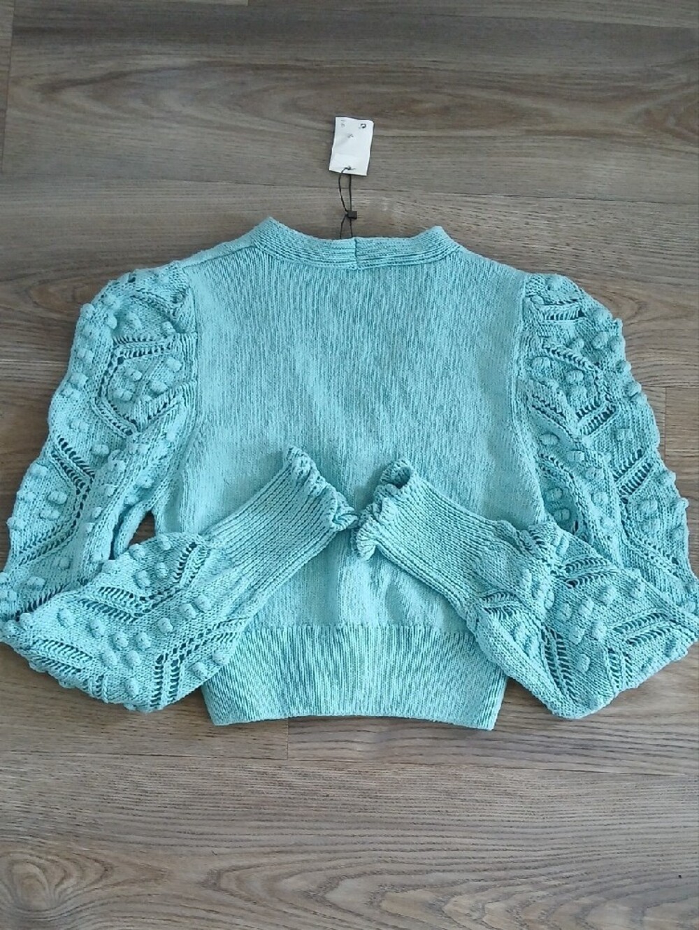 Zara Blue Jewel Button Cardigan Medium Textured Puff Sleeve Knit Sweater NWT - Picture 6 of 6